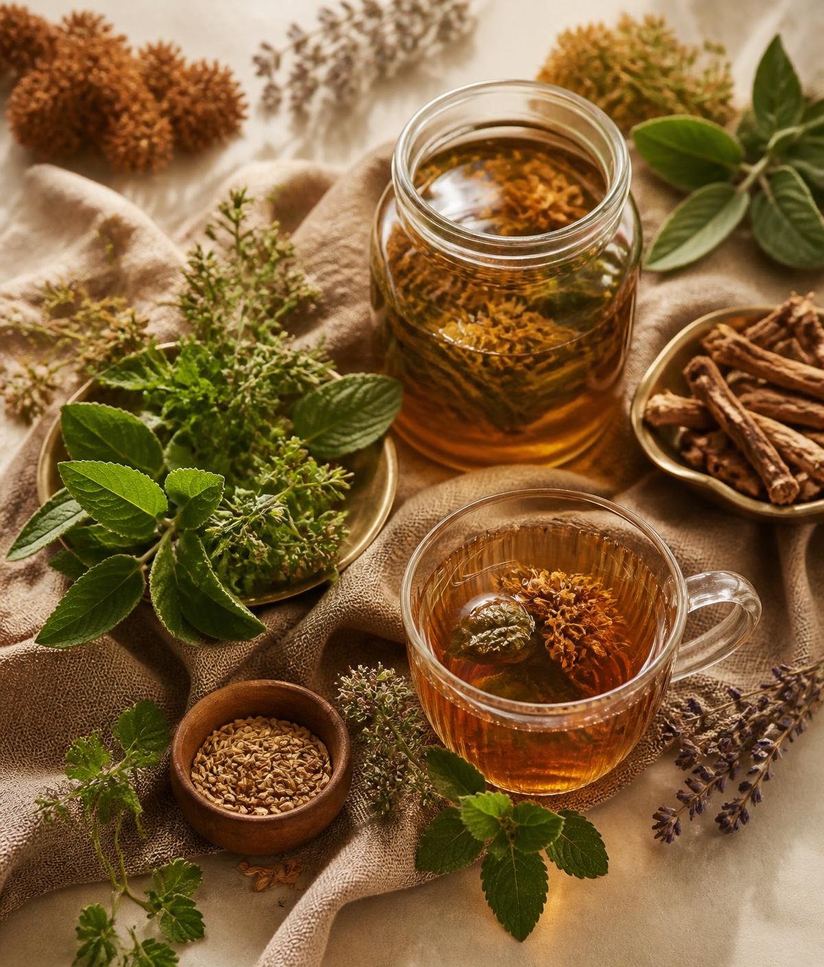 Ervas frescas, folhas, sementes, raízes e uma xícara de infusão natural dispostas sobre linho